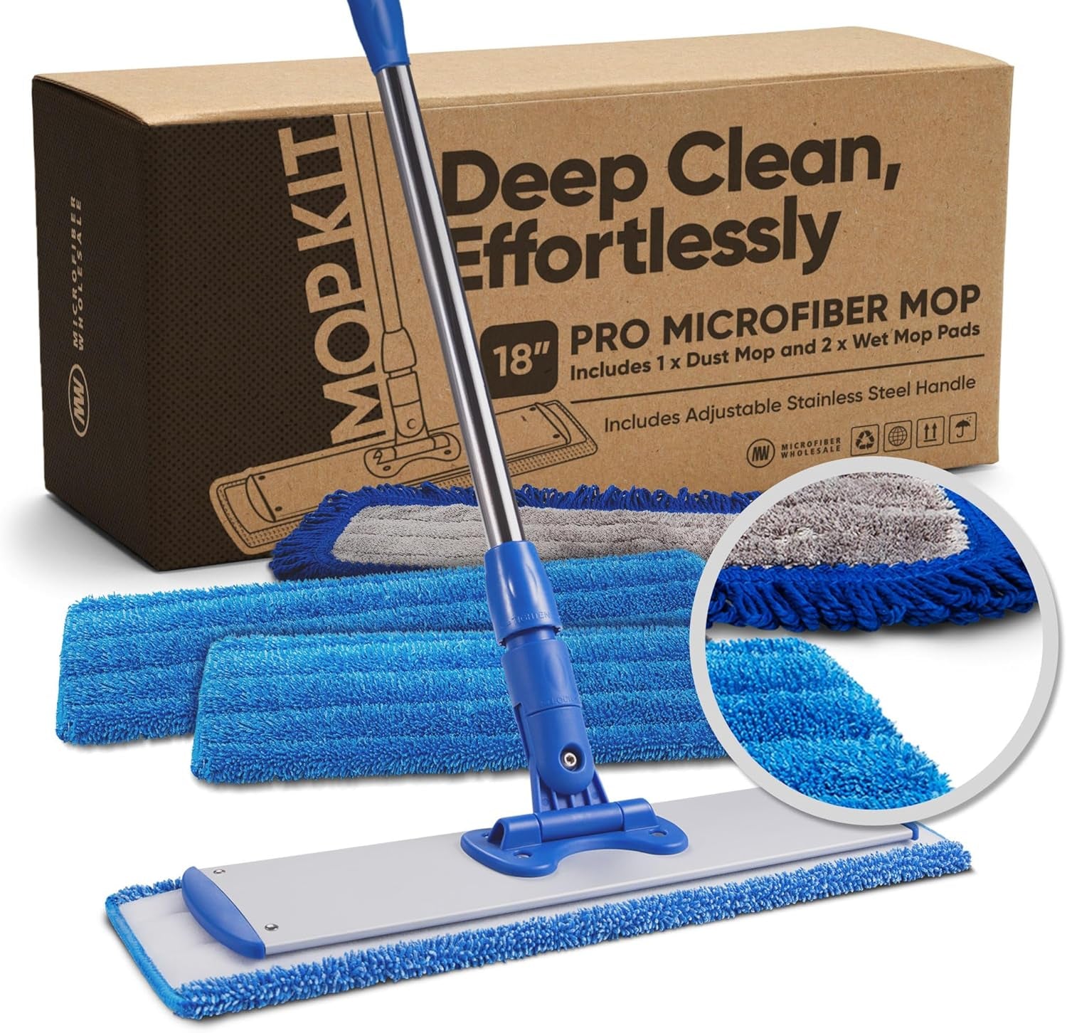 18-Inch Professional Microfiber Hardwood Floor Mop - Efficient Dust and Wet Mopping for Hardwood, Tile, Laminate, and Vinyl with Three Washable Pads, No Buckets Required