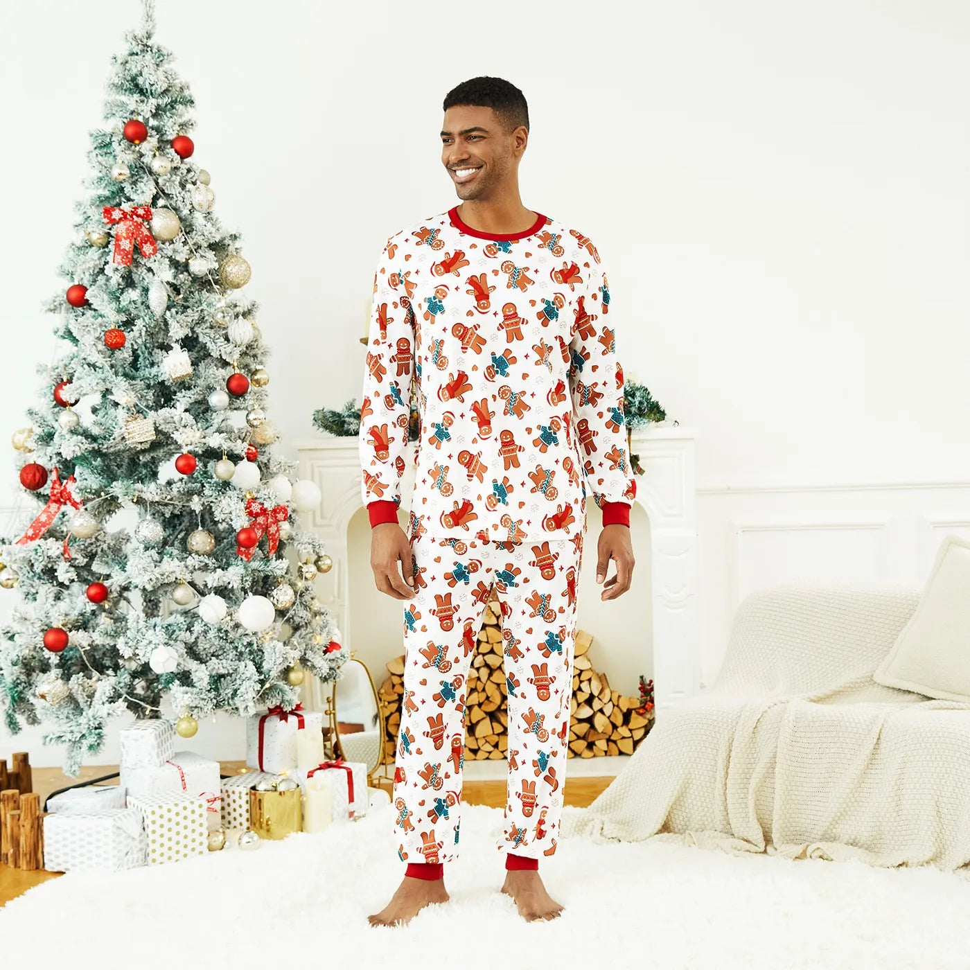 Men’s Gingerbread Christmas Pajama Set – Long Sleeve Top & Pants with Socks (Size L)