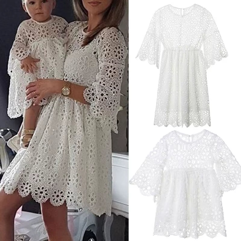 Charming Family Matching Lace Floral Dress for Women and Girls - Perfect for Weddings and Special Occasions