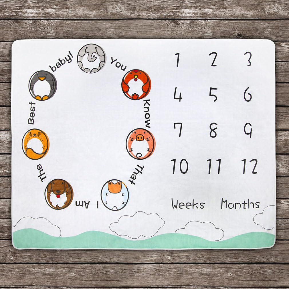 Baby Monthly Milestone Blanket – Animal Theme Growth Chart Photography Prop (50×40")