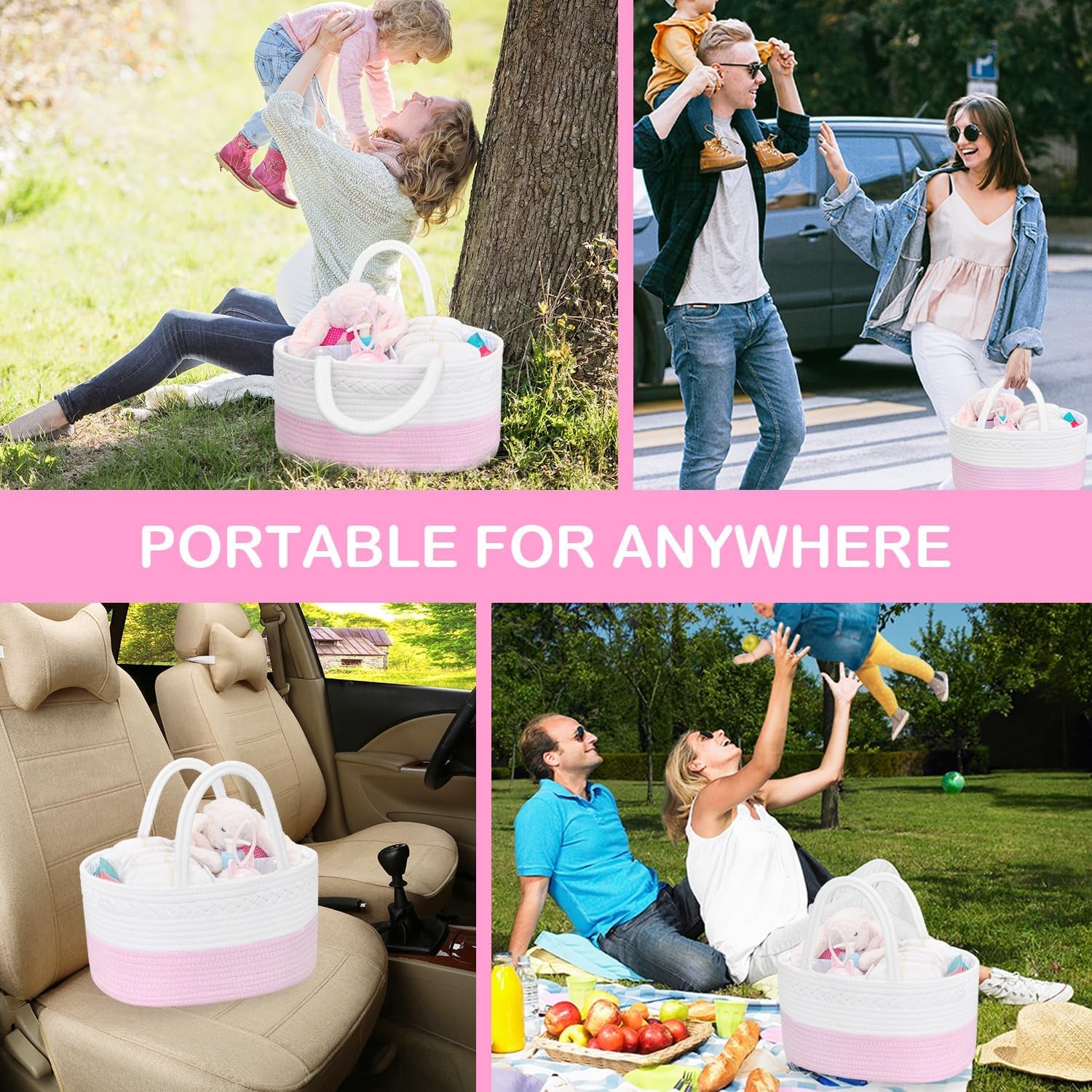 Abenkle Cotton Rope Diaper Caddy Organizer – Nursery Storage Basket (Pink)