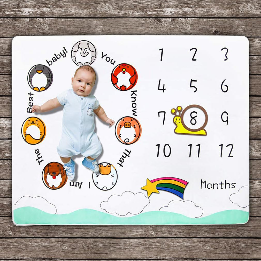 Baby Monthly Milestone Blanket – Animal Theme Growth Chart Photography Prop (50×40")