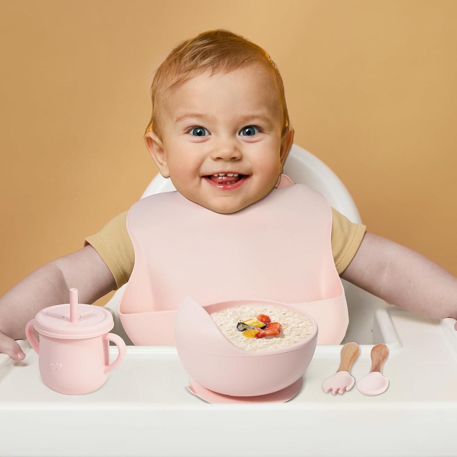 PureSilicone™ Baby Feeding Set – BPA-Free Suction Bowl, Divided Plate, Sippy Cup, Bib & Utensils (Pink)