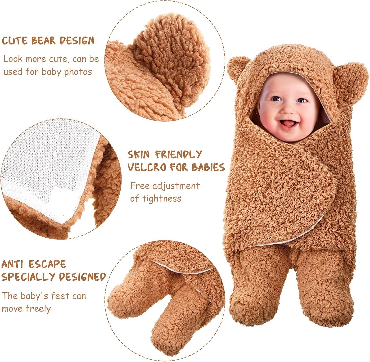 Tatuo 2-Pack Plush Hooded Swaddle Blankets – Newborn Sleeping Bags (White & Brown)