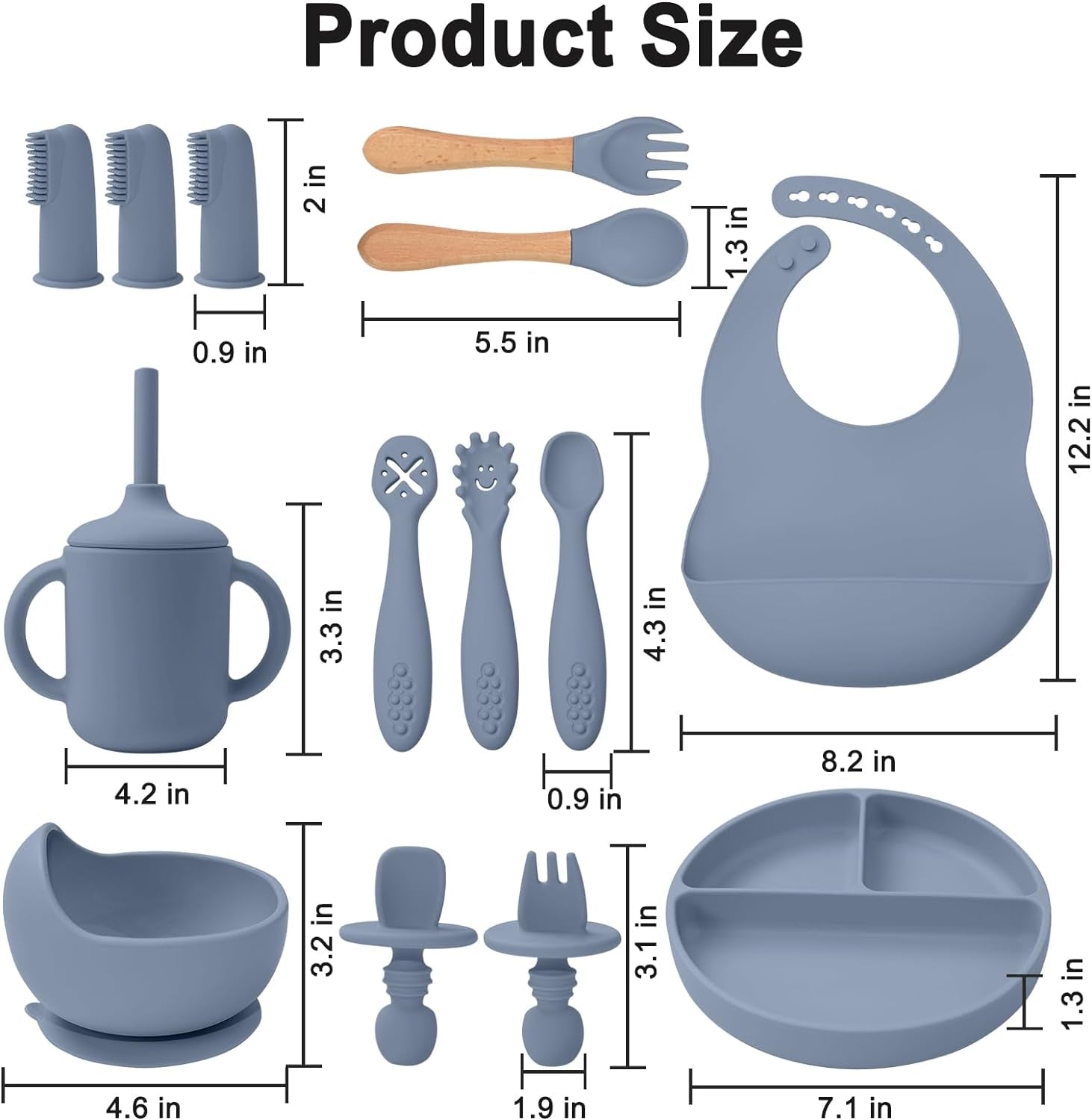 LITTLE RAWR 14-Piece Silicone Baby Feeding Set – Suction Bowl, Divided Plate, Utensils & BLW Essentials (Blue Gray)