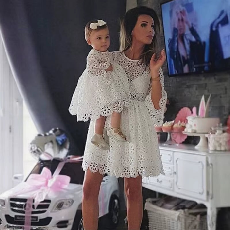Charming Family Matching Lace Floral Dress for Women and Girls - Perfect for Weddings and Special Occasions
