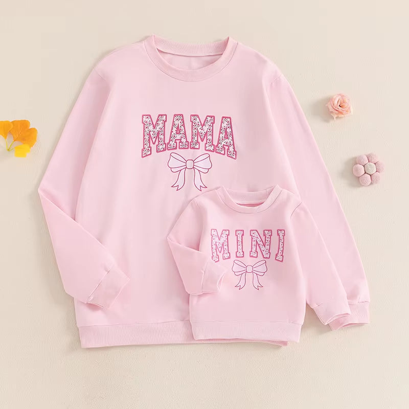 Family Matching Autumn Sweatshirt Parent-Child Long Sleeve Crewneck Letter Bow Print Pullover