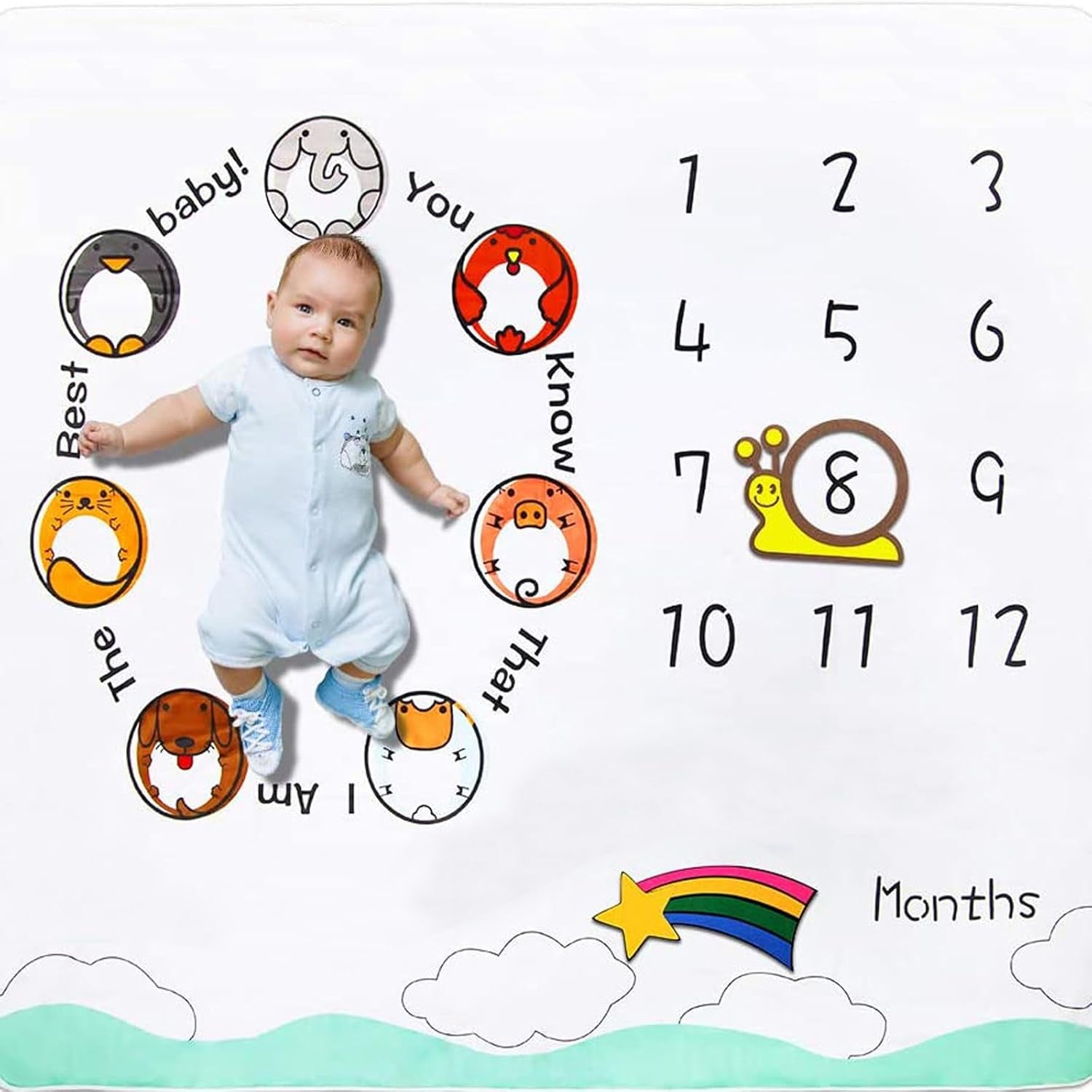 Baby Monthly Milestone Blanket – Animal Theme Growth Chart Photography Prop (50×40