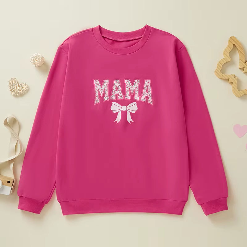 Family Matching Autumn Sweatshirt Parent-Child Long Sleeve Crewneck Letter Bow Print Pullover