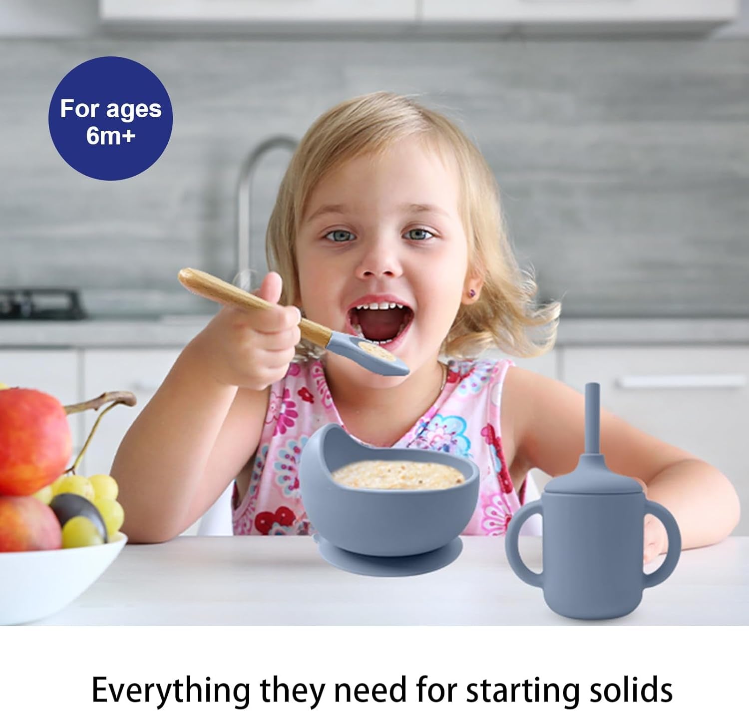 LITTLE RAWR 14-Piece Silicone Baby Feeding Set – Suction Bowl, Divided Plate, Utensils & BLW Essentials (Blue Gray)