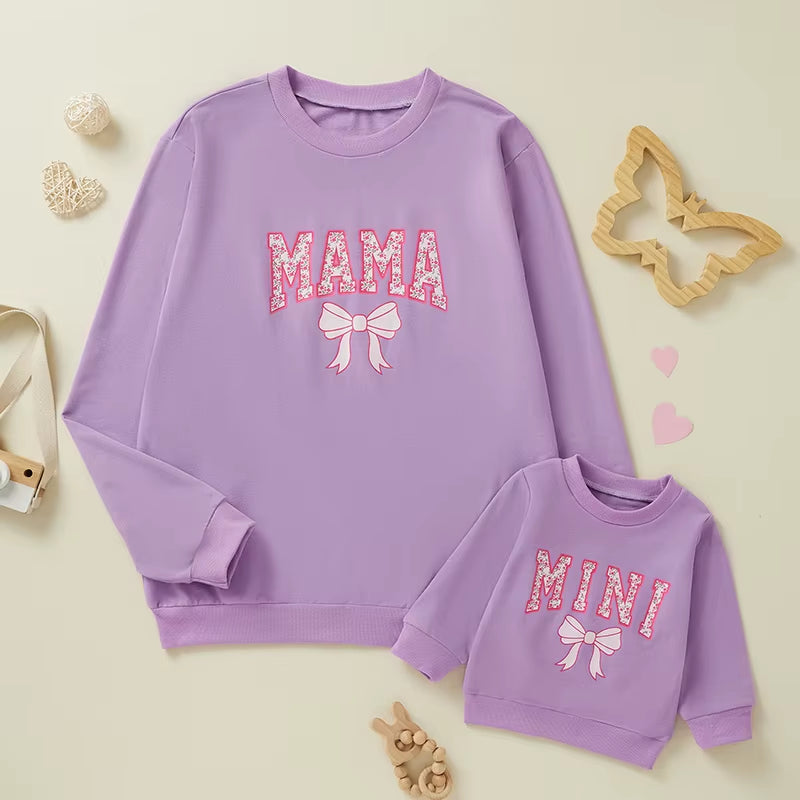 Family Matching Autumn Sweatshirt Parent-Child Long Sleeve Crewneck Letter Bow Print Pullover