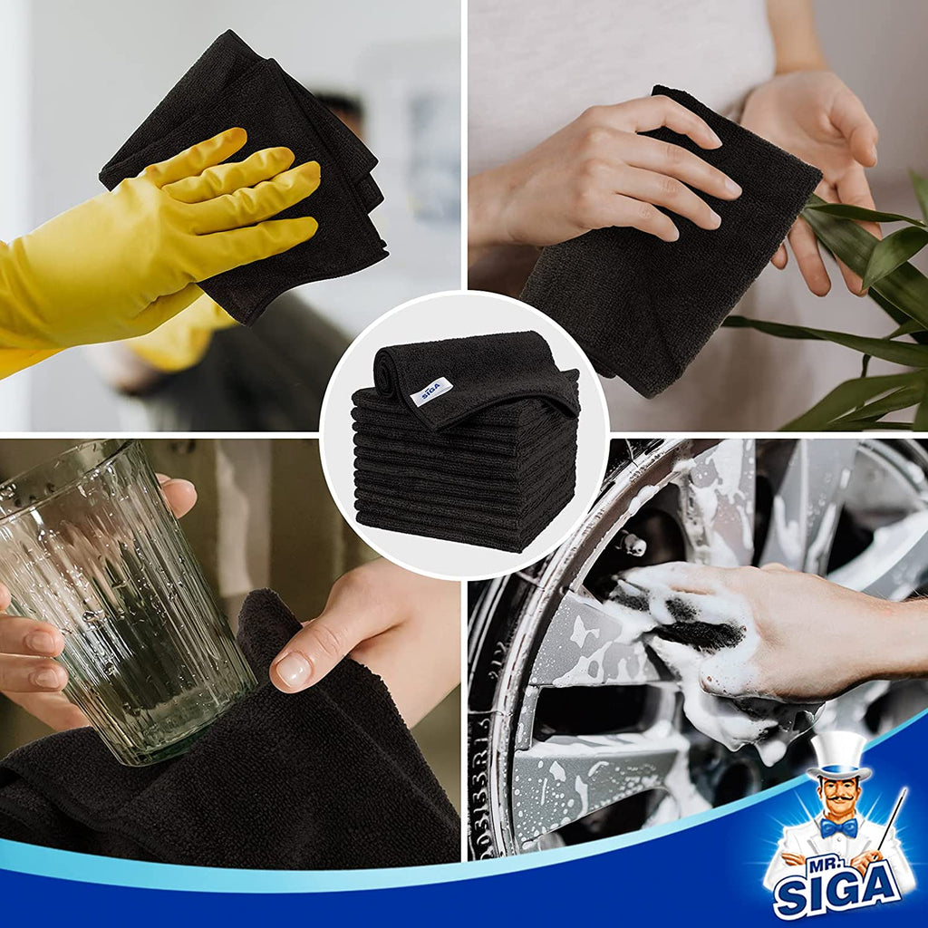 MR.SIGA Microfiber Cleaning Cloth, All-Purpose Microfiber Towels, Streak Free Cleaning Rags, Pack of 12, Black, Size 32 X 32 Cm(12.6 X 12.6 Inch)