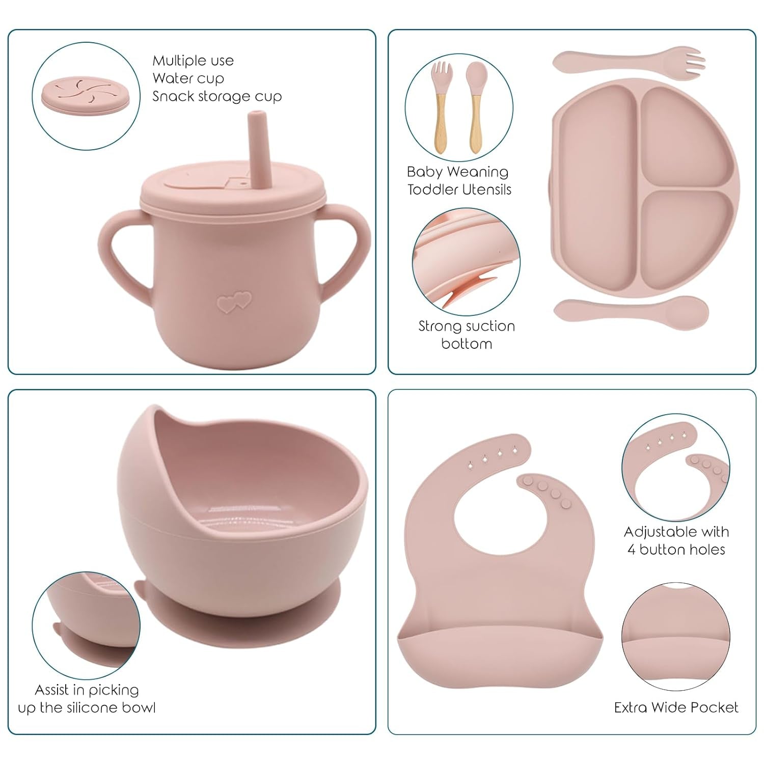 PureSilicone™ Baby Feeding Set – BPA-Free Suction Bowl, Divided Plate, Sippy Cup, Bib & Utensils (Pink)