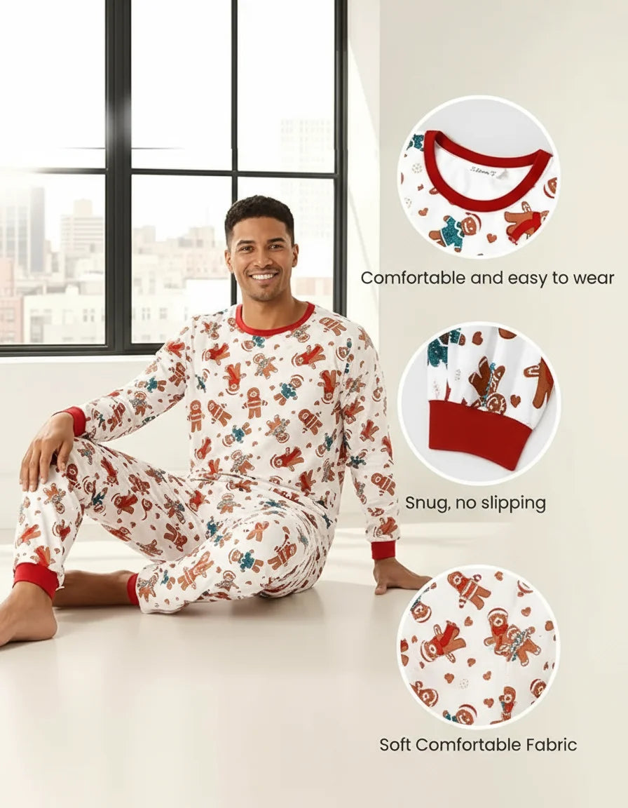 Men’s Gingerbread Christmas Pajama Set – Long Sleeve Top & Pants with Socks (Size L)