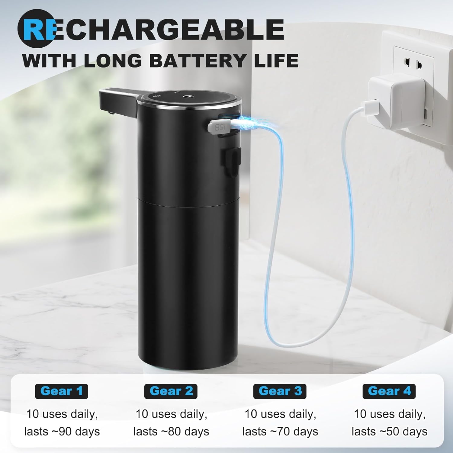 Automatic Soap Dispenser Liquid Touchless: 13.52Oz/400Ml Wall USB Rechargeable - 4-Level Adjustable Modern Electric Hand Soap Dispenser - Kitchen Bathroom Kids Family Black