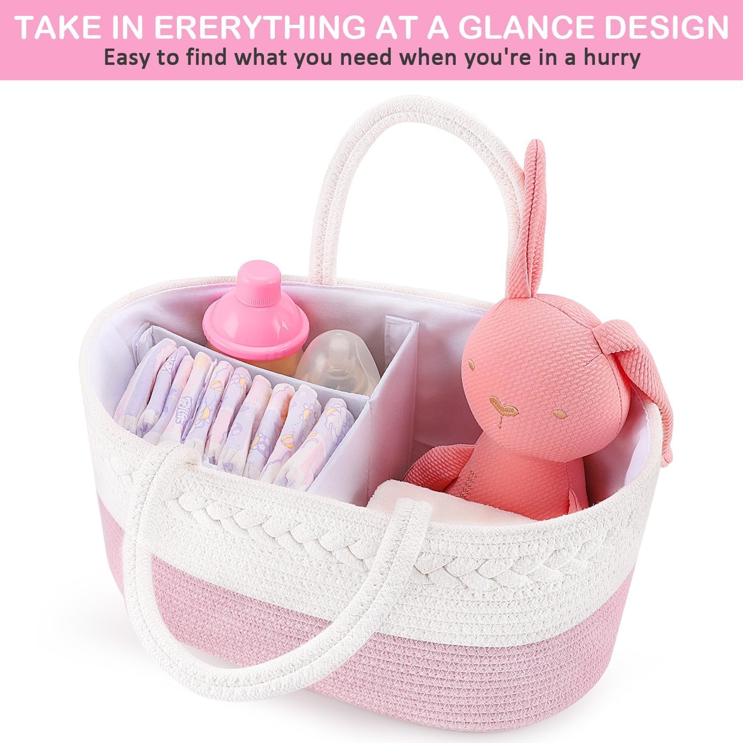Abenkle Cotton Rope Diaper Caddy Organizer – Nursery Storage Basket (Pink)