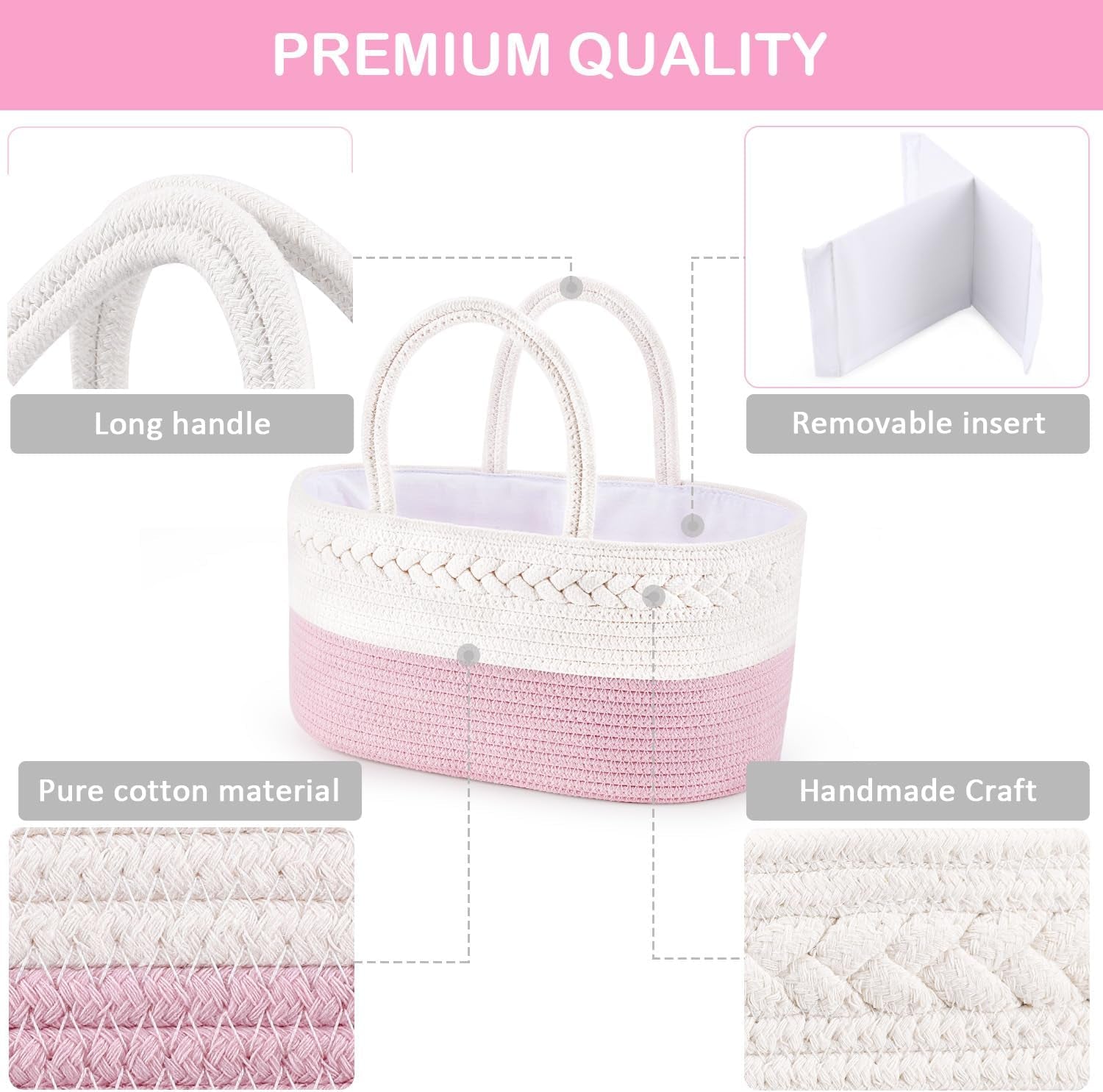 Abenkle Cotton Rope Diaper Caddy Organizer – Nursery Storage Basket (Pink)