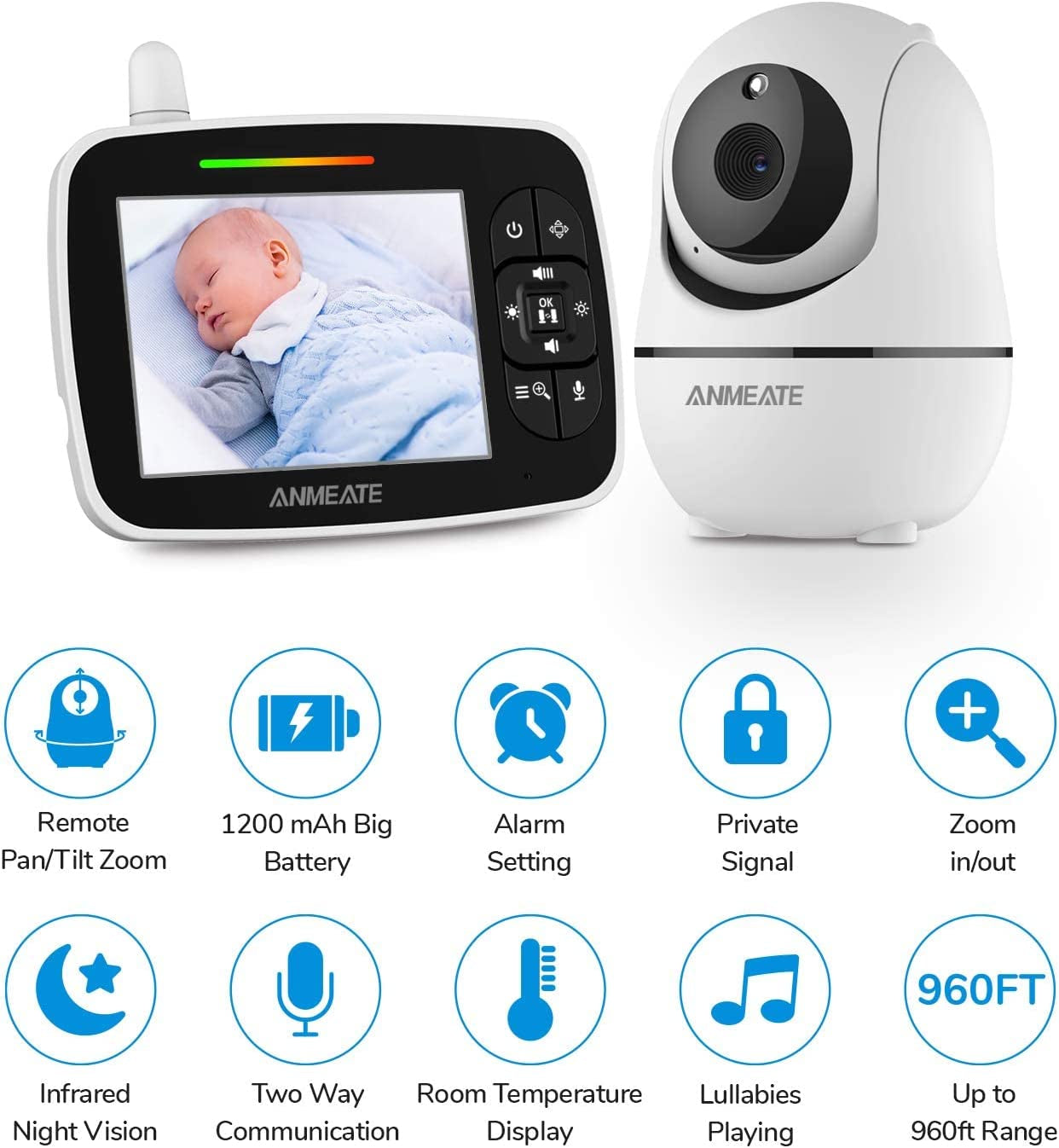 ANMEATE Video Baby Monitor | Pan-Tilt-Zoom Camera, Night Vision & Two-Way Talk (Black)