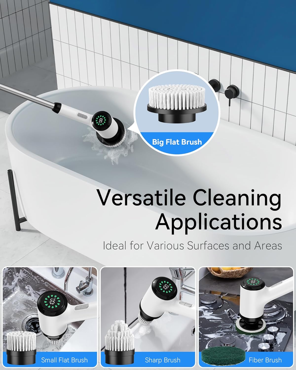 Electric Spin Scrubber: Crodless Power Spin Scrubber with Long Handle and Dual Speeds for Cleaning Bathroom Tub Tile Floor Include Cleaning Brush