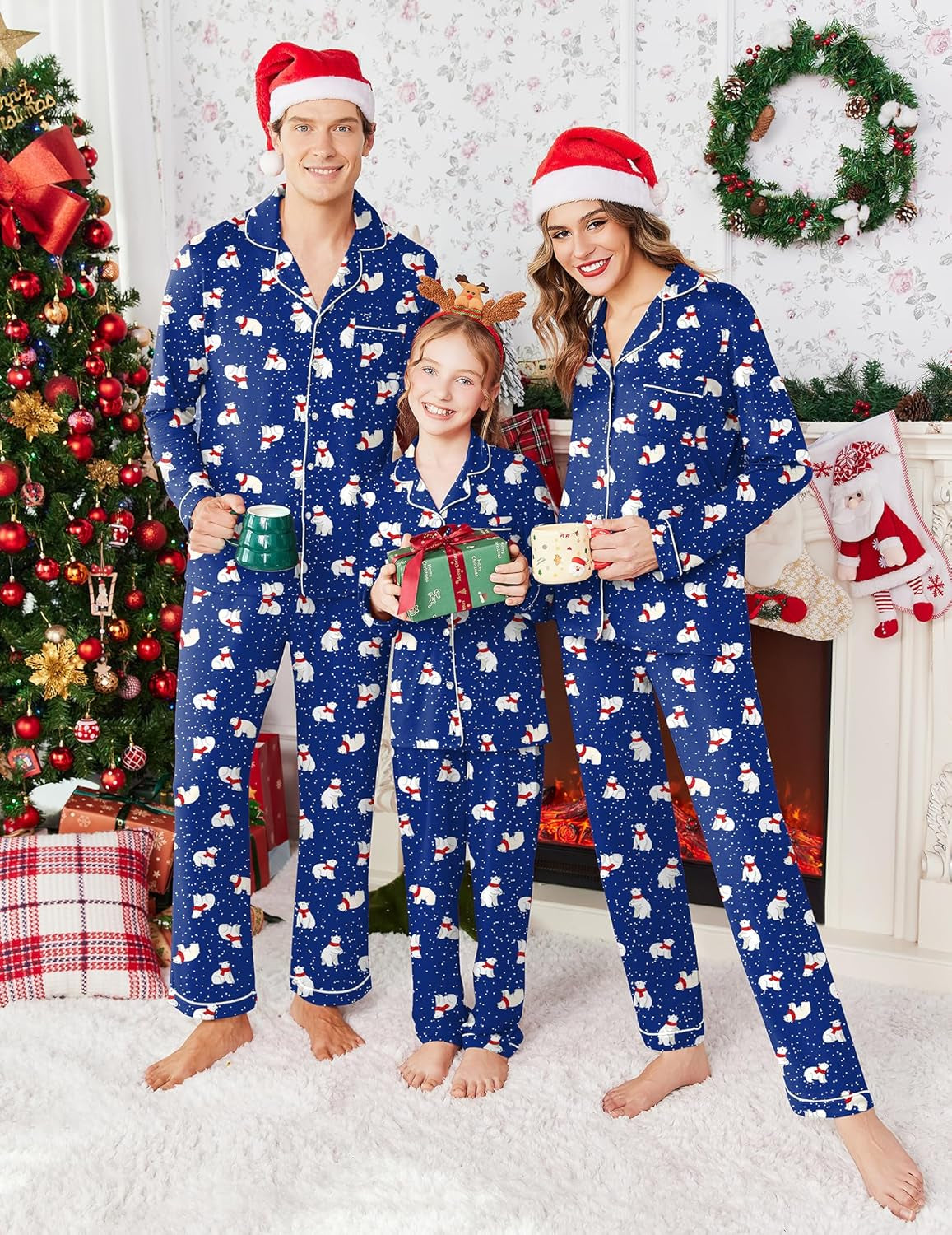 Ekouaer Matching Family Christmas Pajamas – Long Sleeve Button-Down Holiday PJ Sets