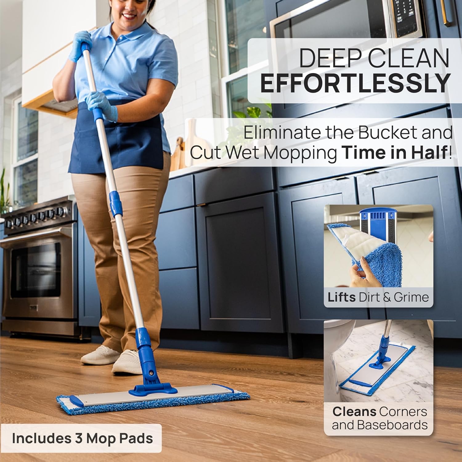 18-Inch Professional Microfiber Hardwood Floor Mop - Efficient Dust and Wet Mopping for Hardwood, Tile, Laminate, and Vinyl with Three Washable Pads, No Buckets Required