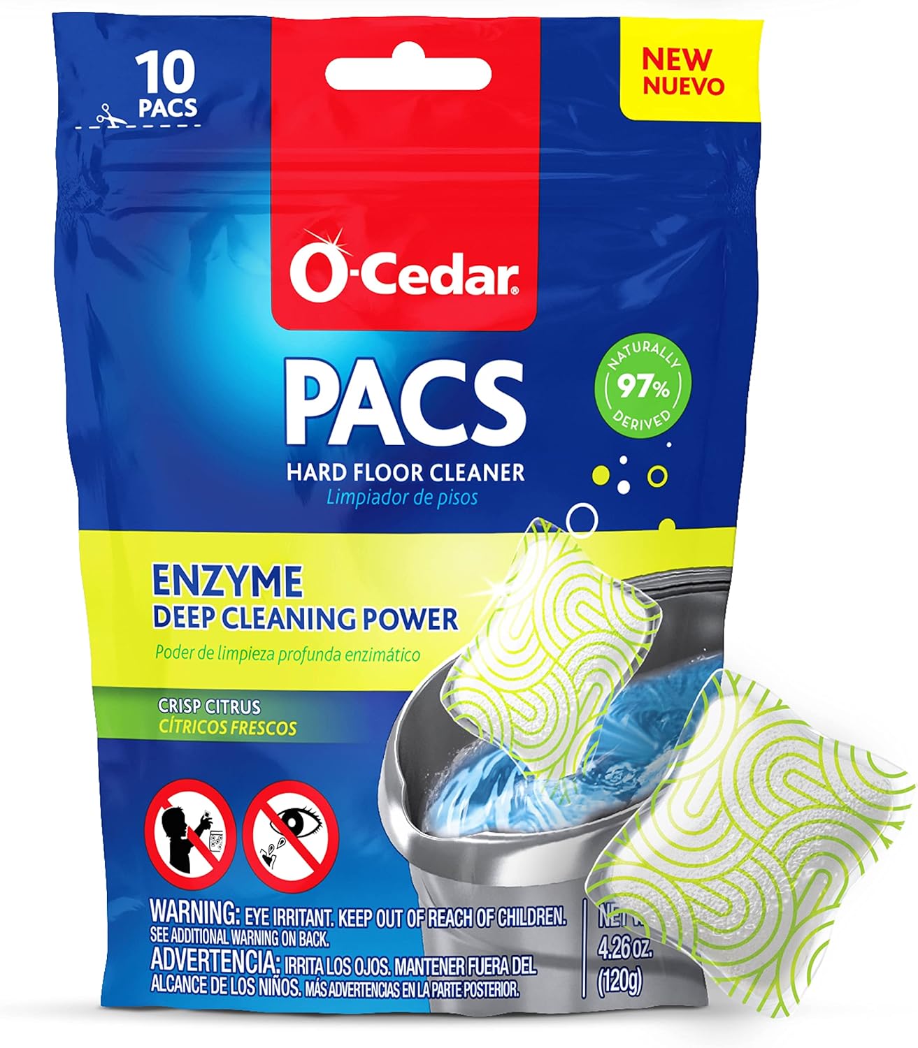 O-Cedar PACS Hard Floor Cleaner with Crisp Citrus Scent, 10 Count (1-Pack) | Formulated with Naturally-Derived Ingredients | Safe for All Hard Floor Surfaces | Ideal for Mop Buckets