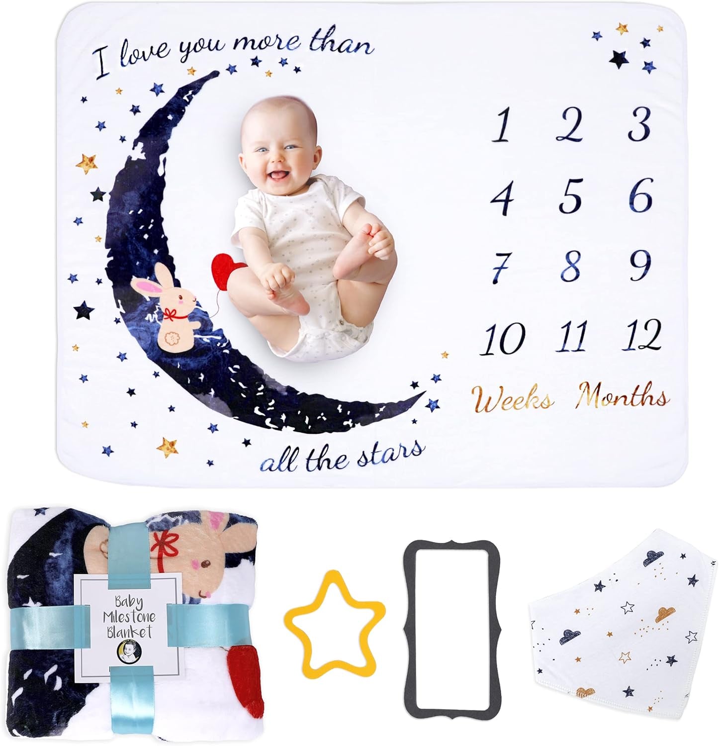 Baby Monthly Milestone Blanket – 50×40” Soft Fleece Photo Blanket with Bib & Frames (Moon Theme)