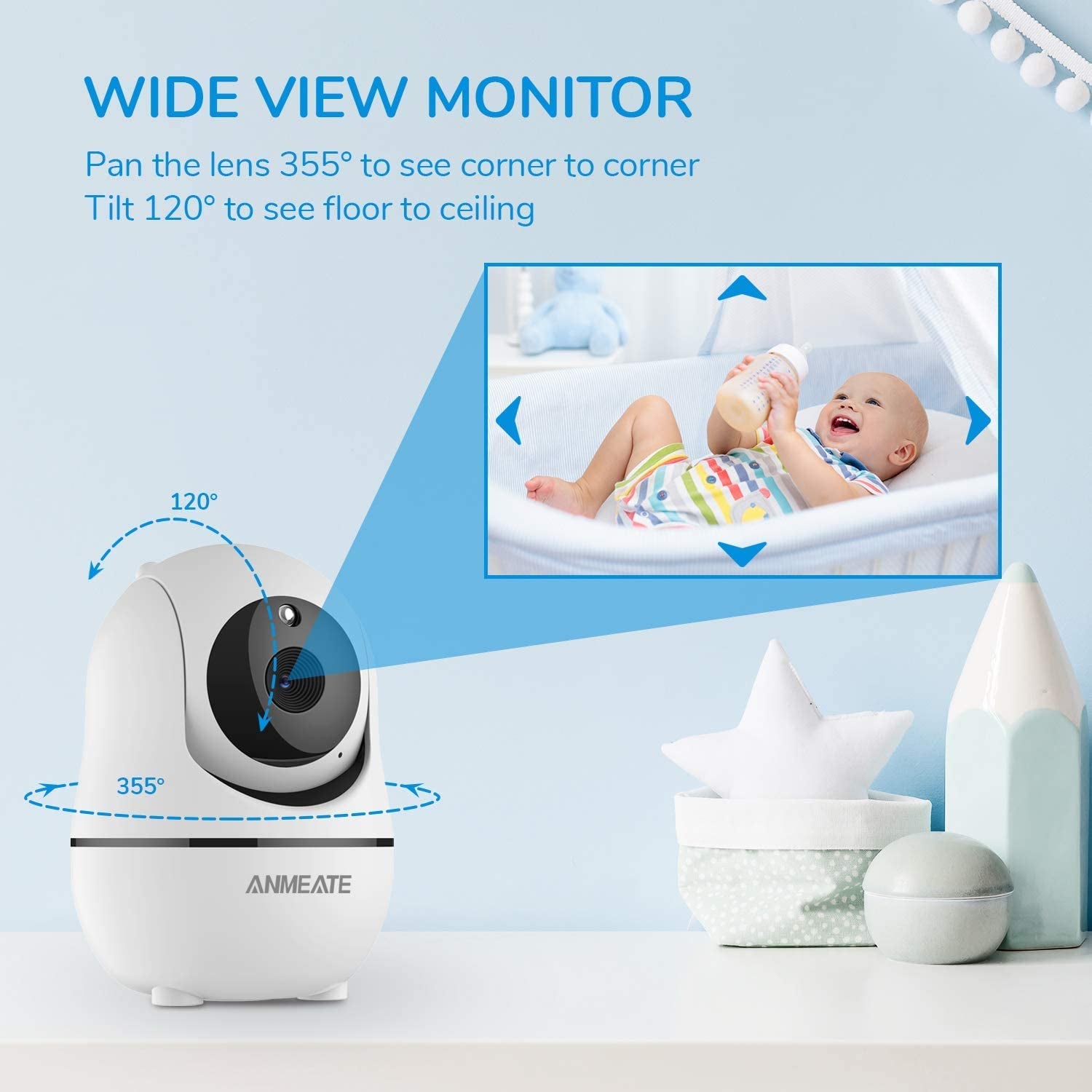 ANMEATE Video Baby Monitor | Pan-Tilt-Zoom Camera, Night Vision & Two-Way Talk (Black)