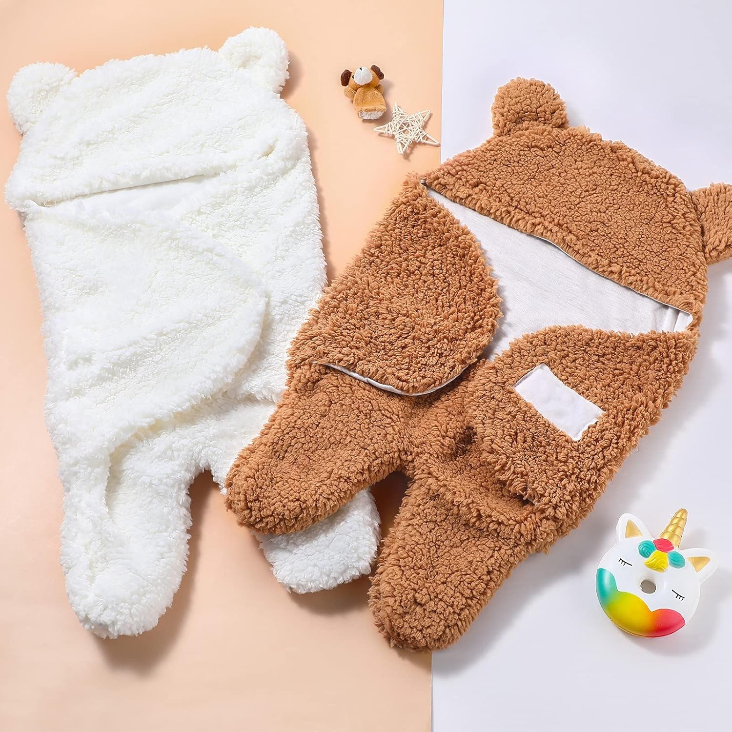 Tatuo 2-Pack Plush Hooded Swaddle Blankets – Newborn Sleeping Bags (White & Brown)