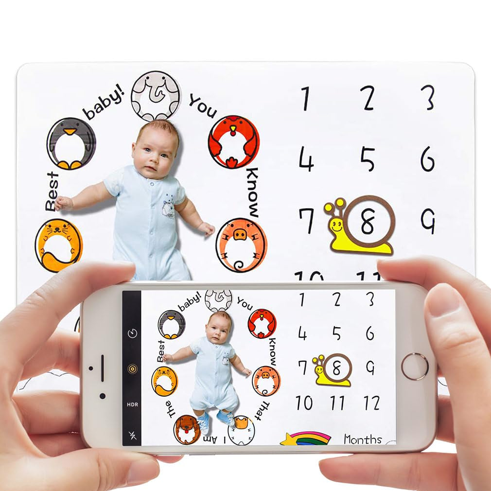 Baby Monthly Milestone Blanket – Animal Theme Growth Chart Photography Prop (50×40")