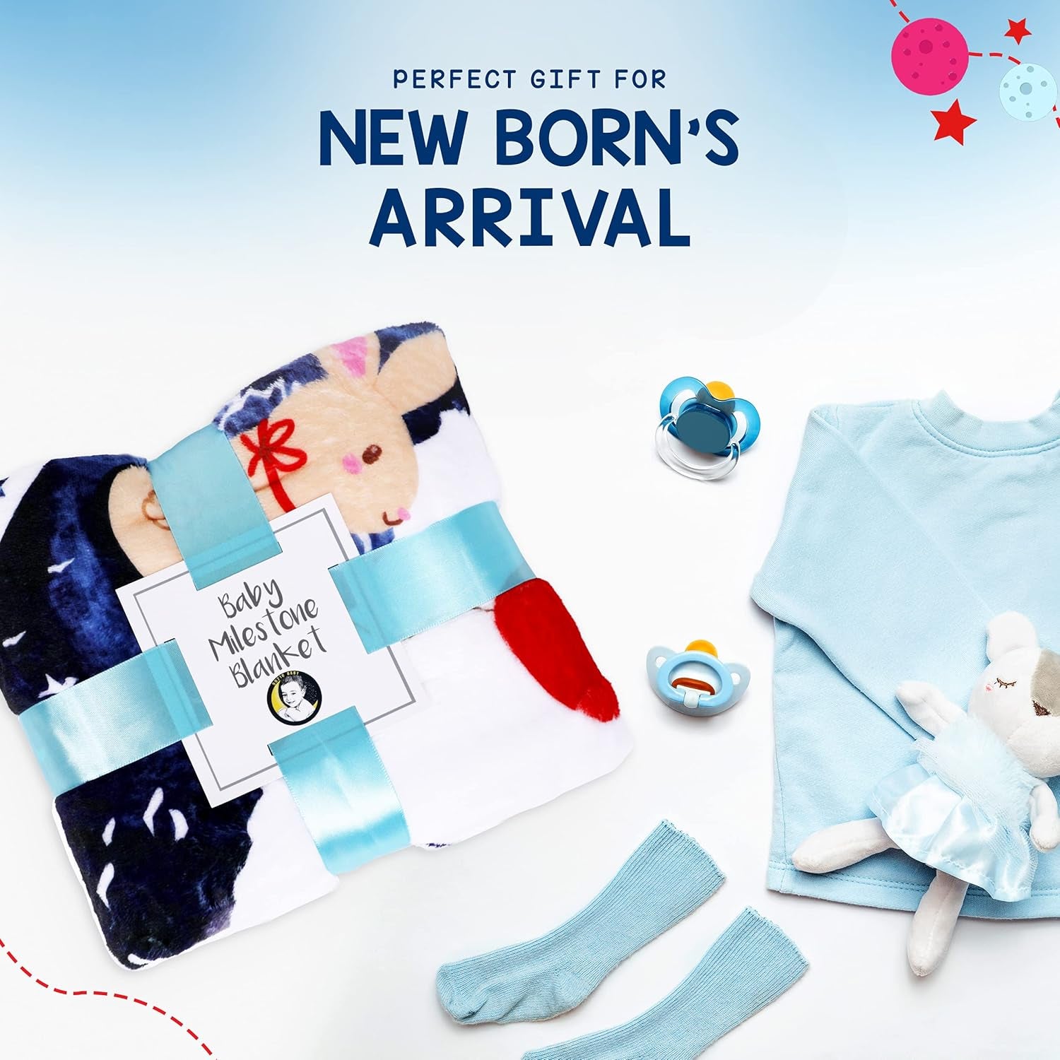 Baby Monthly Milestone Blanket – 50×40” Soft Fleece Photo Blanket with Bib & Frames (Moon Theme)