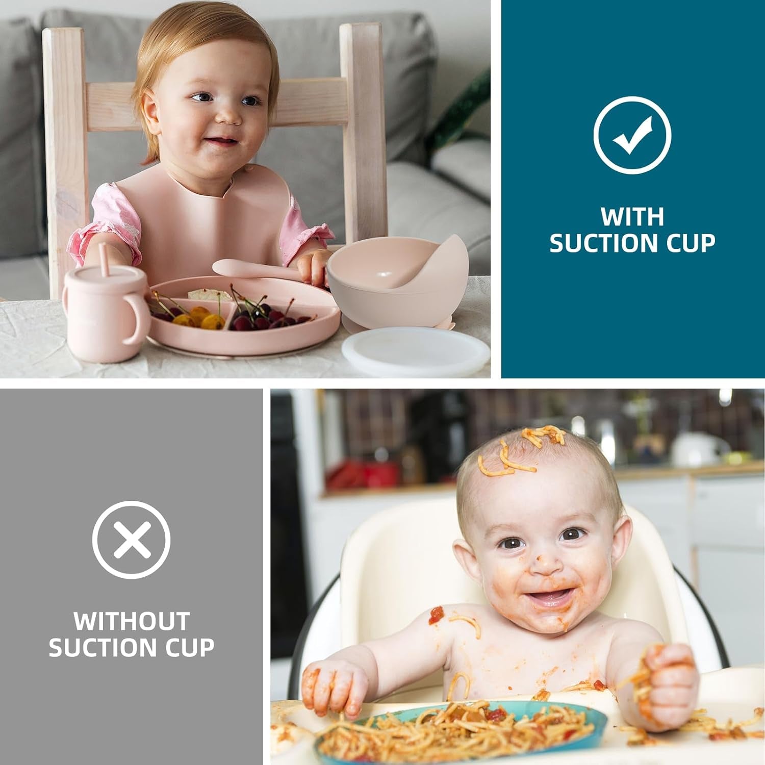 PureSilicone™ Baby Feeding Set – BPA-Free Suction Bowl, Divided Plate, Sippy Cup, Bib & Utensils (Pink)