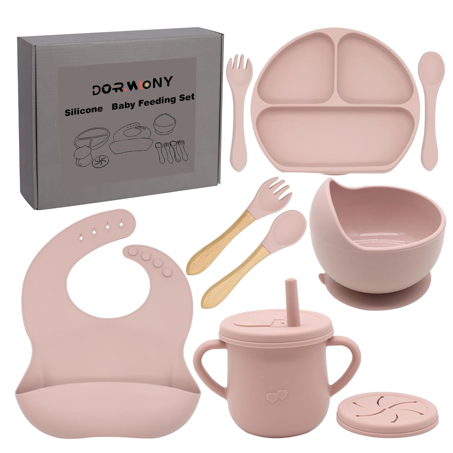 PureSilicone™ Baby Feeding Set – BPA-Free Suction Bowl, Divided Plate, Sippy Cup, Bib & Utensils (Pink)