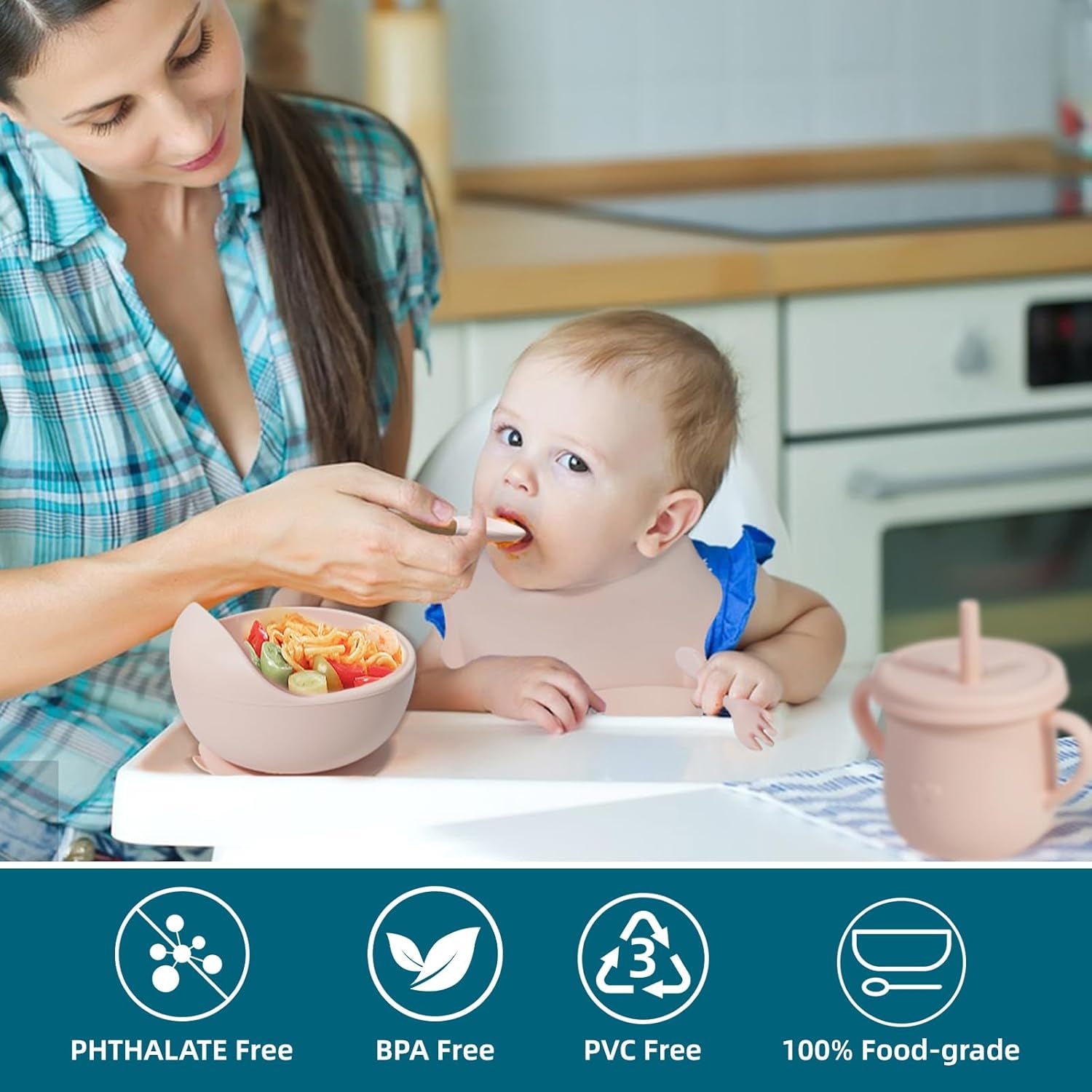 PureSilicone™ Baby Feeding Set – BPA-Free Suction Bowl, Divided Plate, Sippy Cup, Bib & Utensils (Pink)