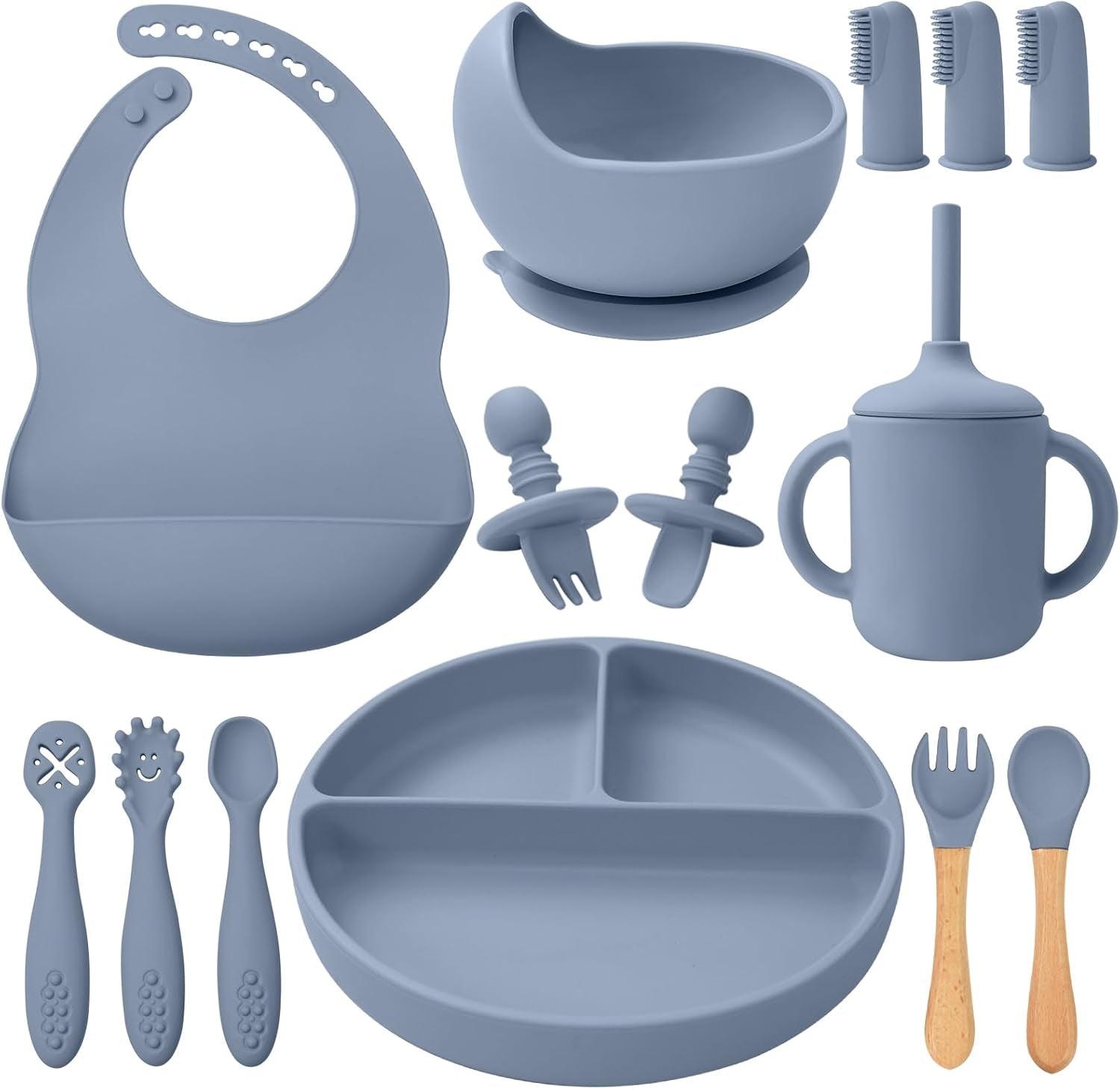 LITTLE RAWR 14-Piece Silicone Baby Feeding Set – Suction Bowl, Divided Plate, Utensils & BLW Essentials (Blue Gray)