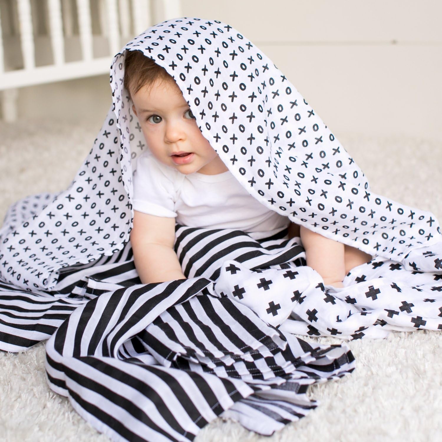 Muslin Swaddle Blankets – 3-Pack Soft Cotton Baby Wraps (47×47”, Black & White Prints)
