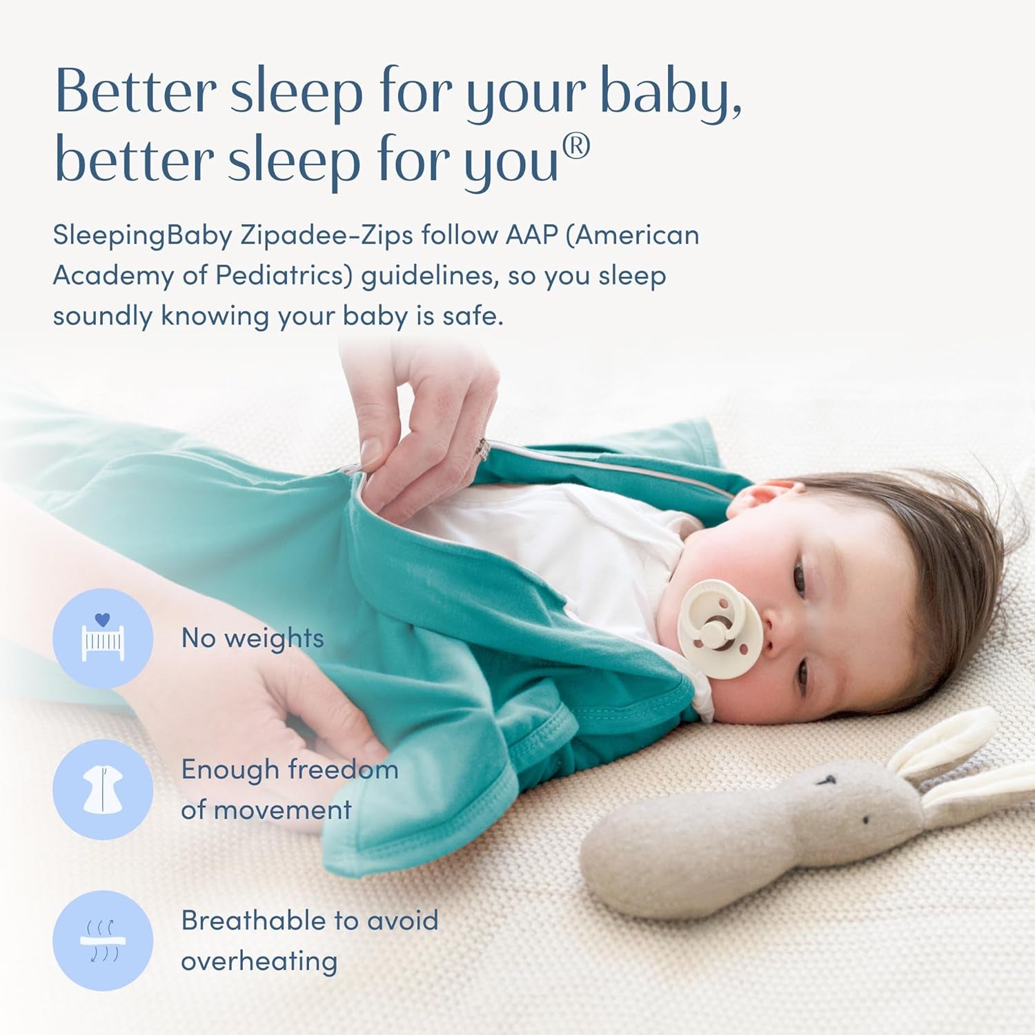 Sleepingbaby Zipadee-Zip Transition Swaddle – Wearable Baby Blanket (Classic Teal, Medium)