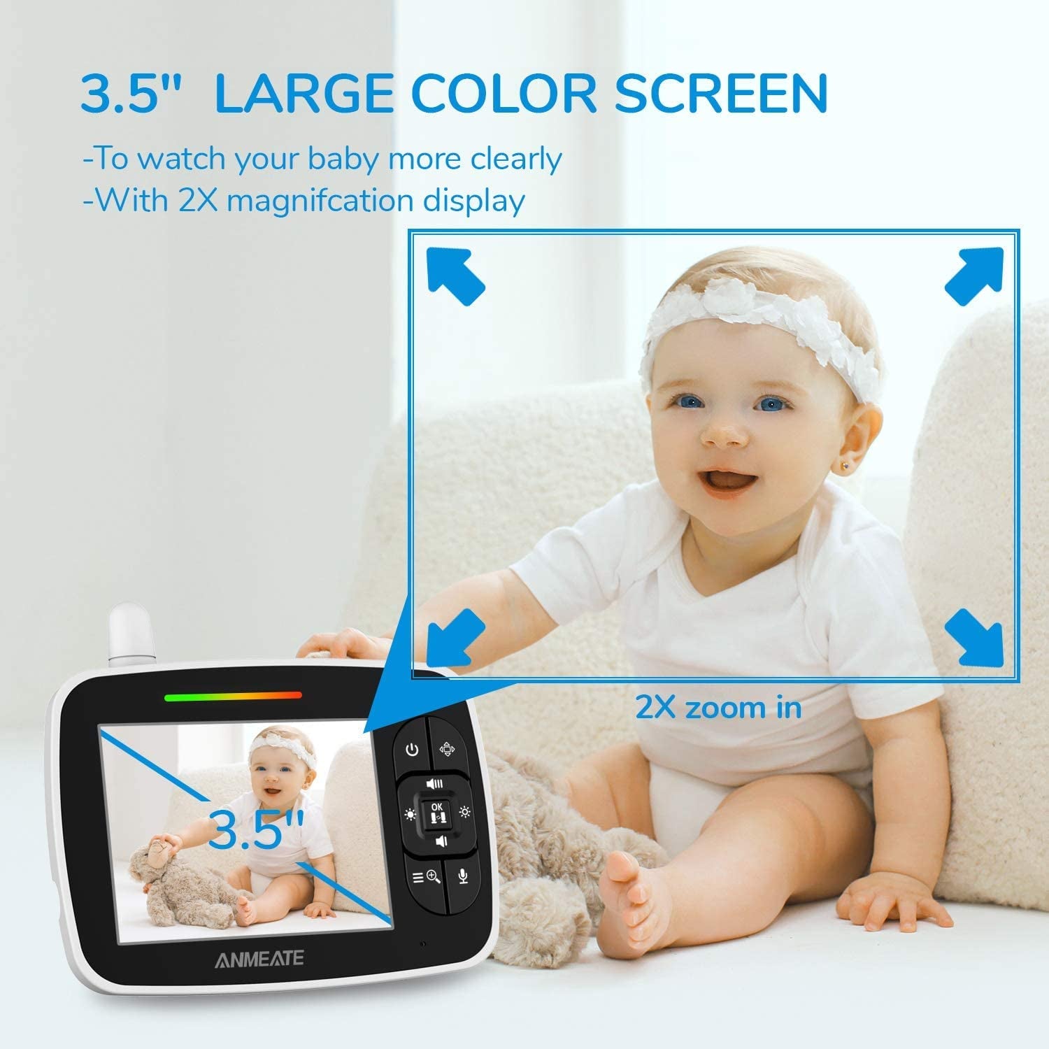 ANMEATE Video Baby Monitor | Pan-Tilt-Zoom Camera, Night Vision & Two-Way Talk (Black)