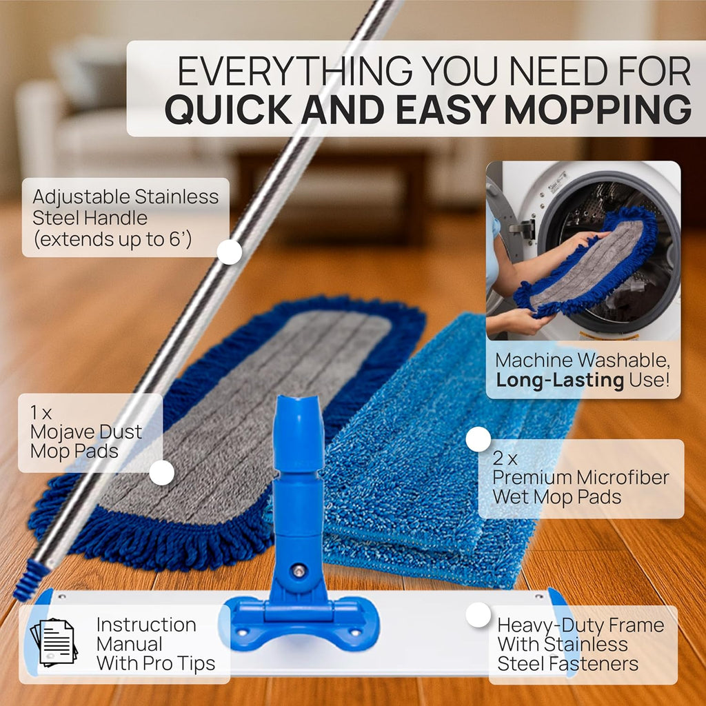 18-Inch Professional Microfiber Hardwood Floor Mop - Efficient Dust and Wet Mopping for Hardwood, Tile, Laminate, and Vinyl with Three Washable Pads, No Buckets Required