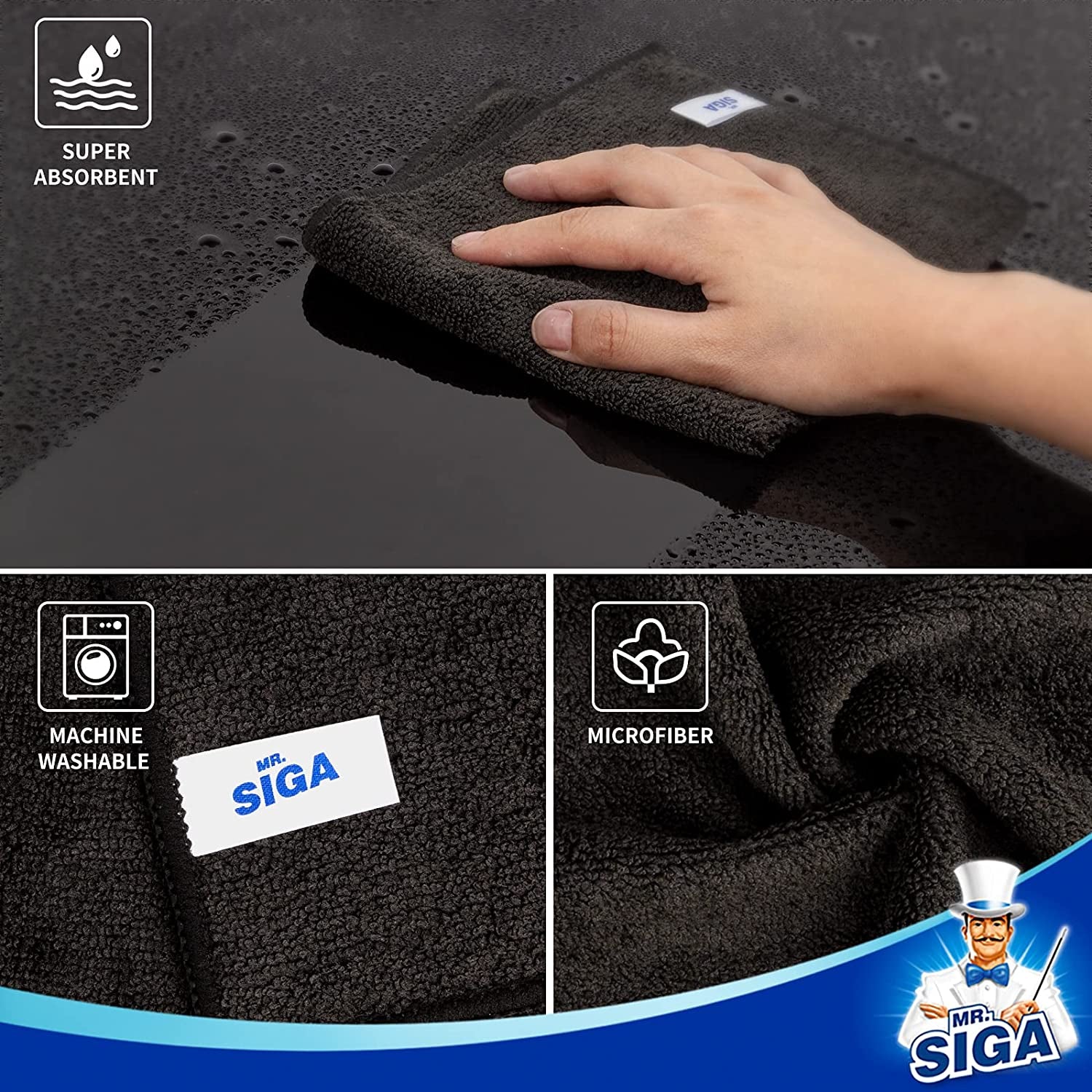 MR.SIGA Microfiber Cleaning Cloth, All-Purpose Microfiber Towels, Streak Free Cleaning Rags, Pack of 12, Black, Size 32 X 32 Cm(12.6 X 12.6 Inch)